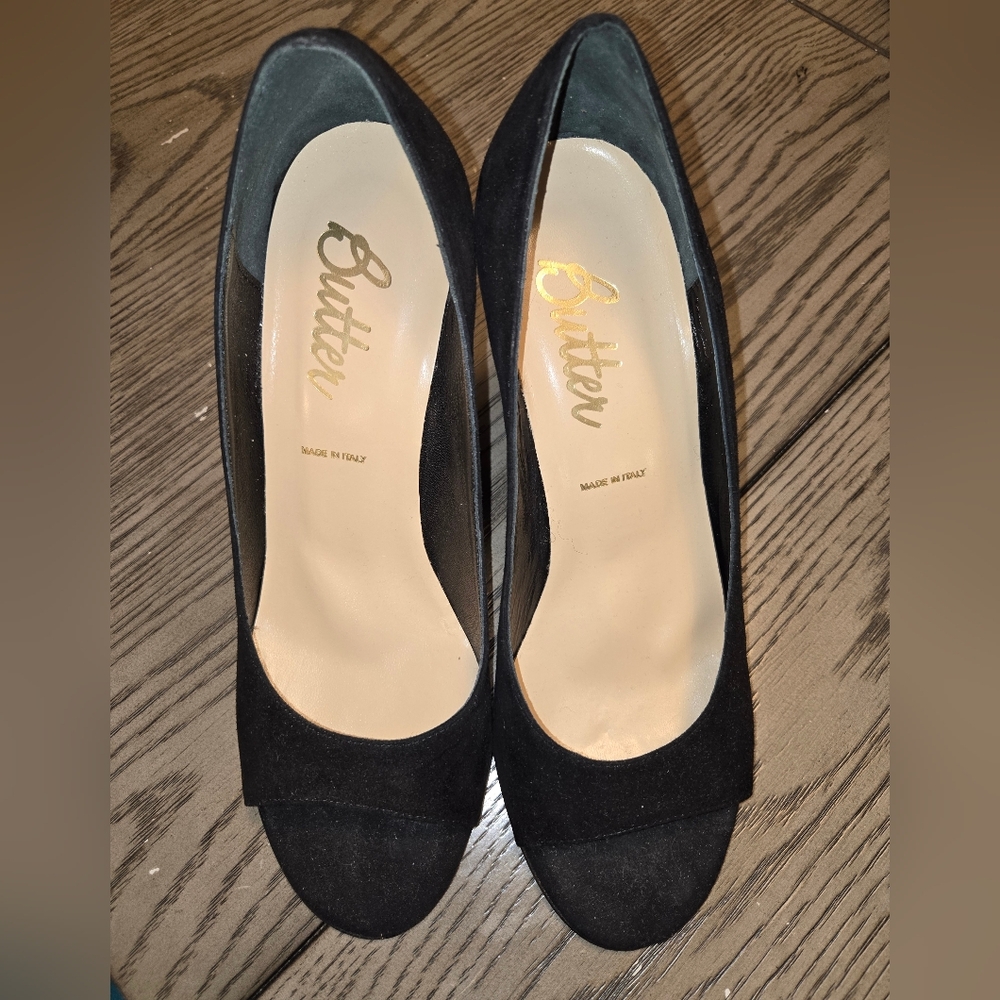 Butter Black Suede Peep-Toe Wedge Heel